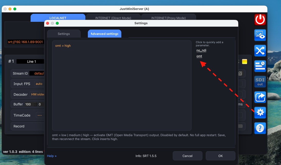 OMT configuration in JustMiniServer Advanced Settings