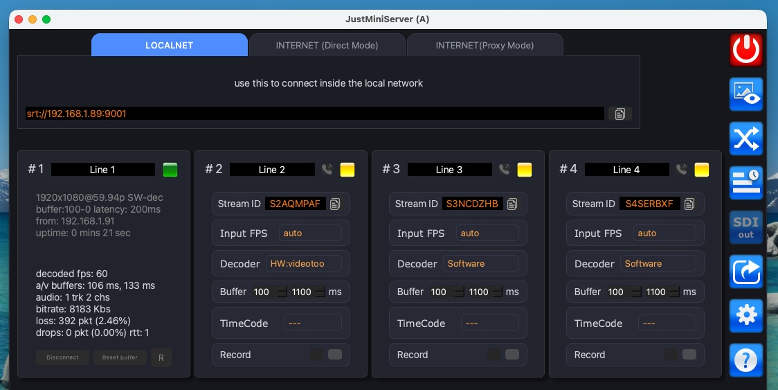 Active incoming stream on Line 1 in JustMiniServer