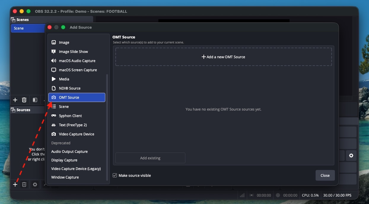 Adding OMT Source in OBS Studio