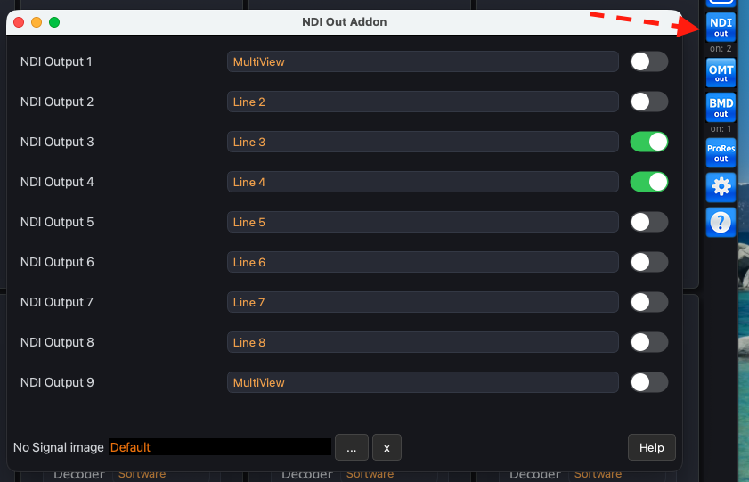 NDI Out Addon: lines and MultiView as sources, No Signal image