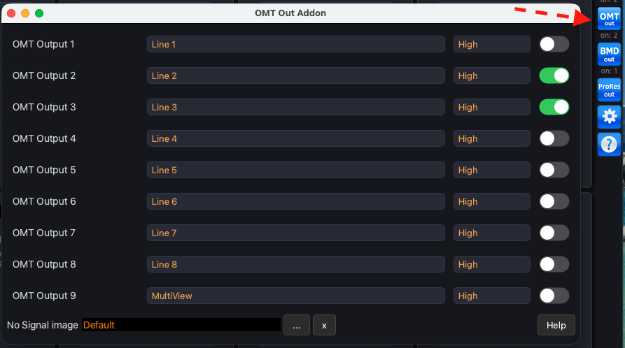 OMT Out Addon: lines and MultiView as sources, High/Medium/Low profile, No Signal image