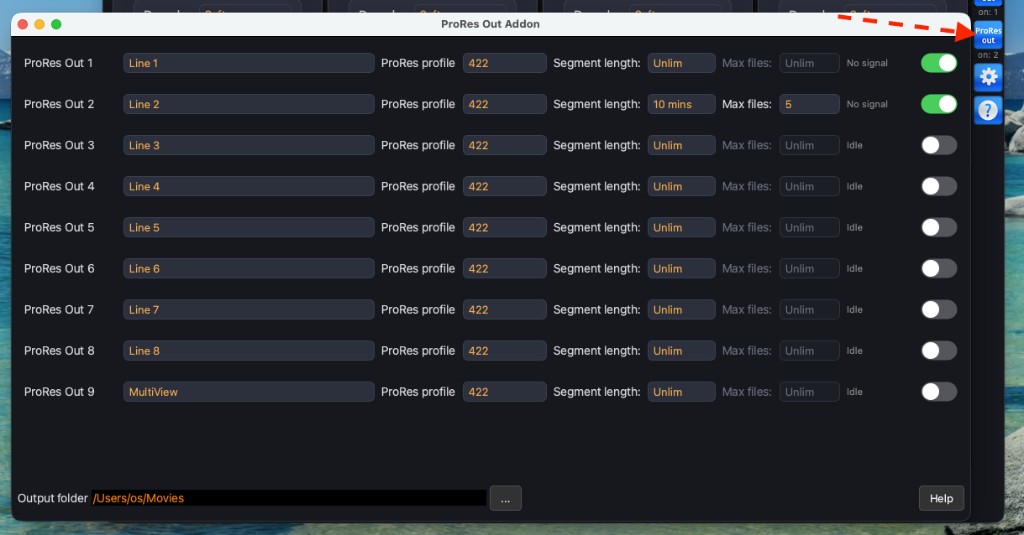 ProRes Out Addon: profile, segment length, max files, MultiView as a source