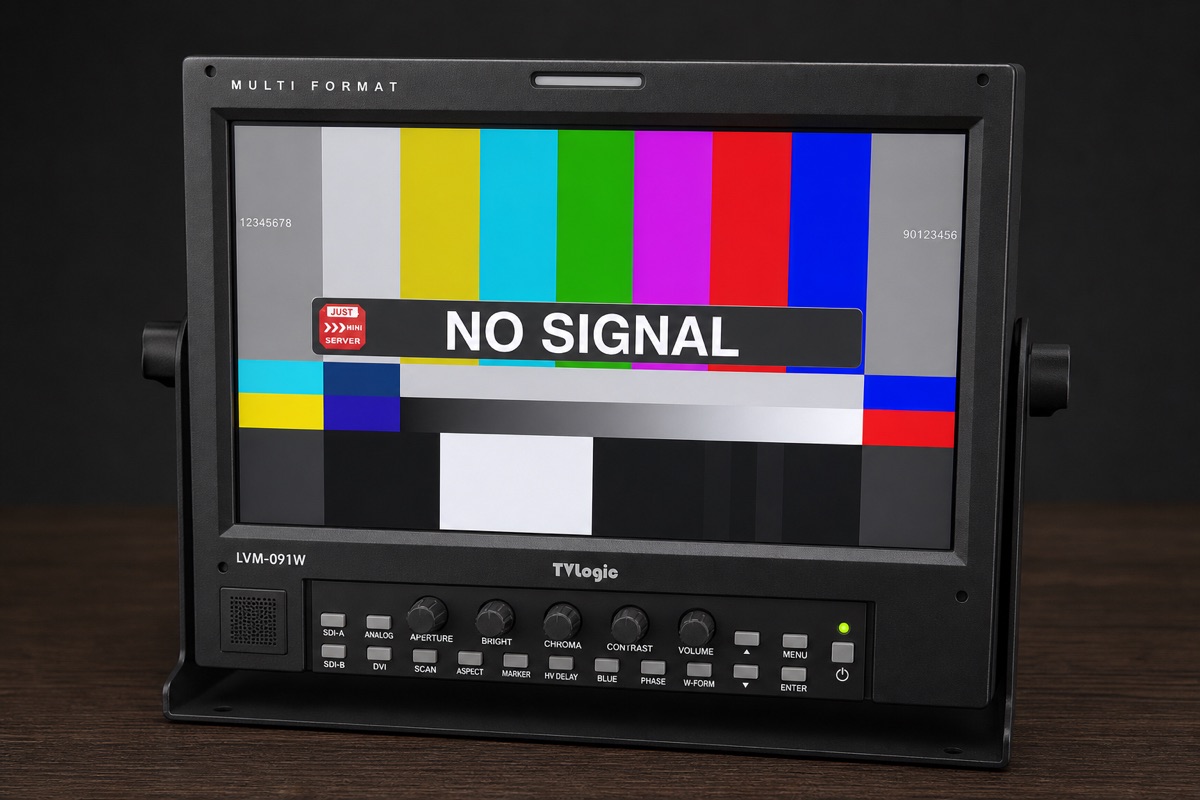 Default JustMiniServer No Signal image on an SDI monitor