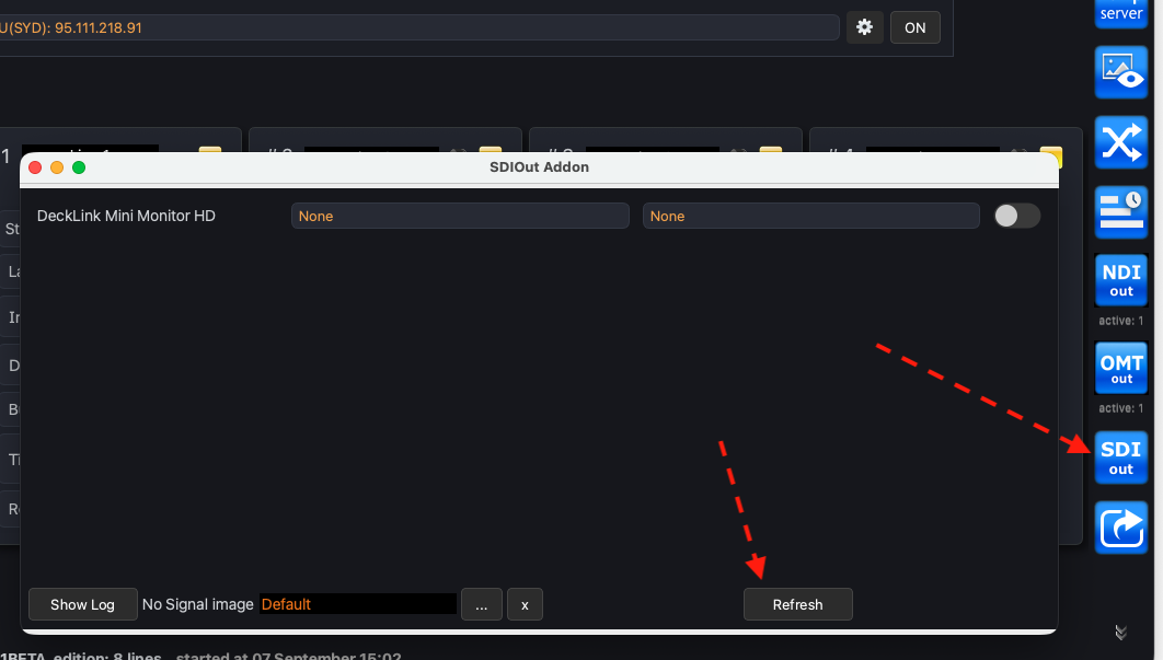 SDIOut Addon window: DeckLink Mini Monitor HD, format selectors, Refresh