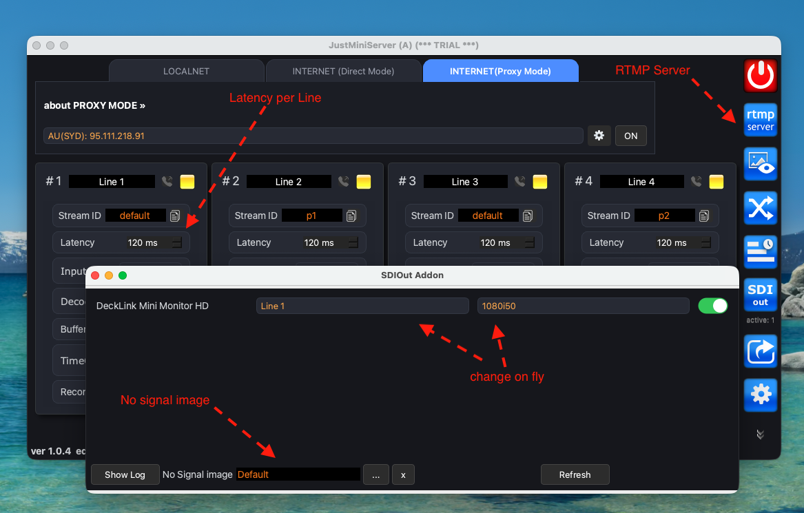 JustMiniServer 1.0.4: RTMP Server, latency per line and SDI Out settings