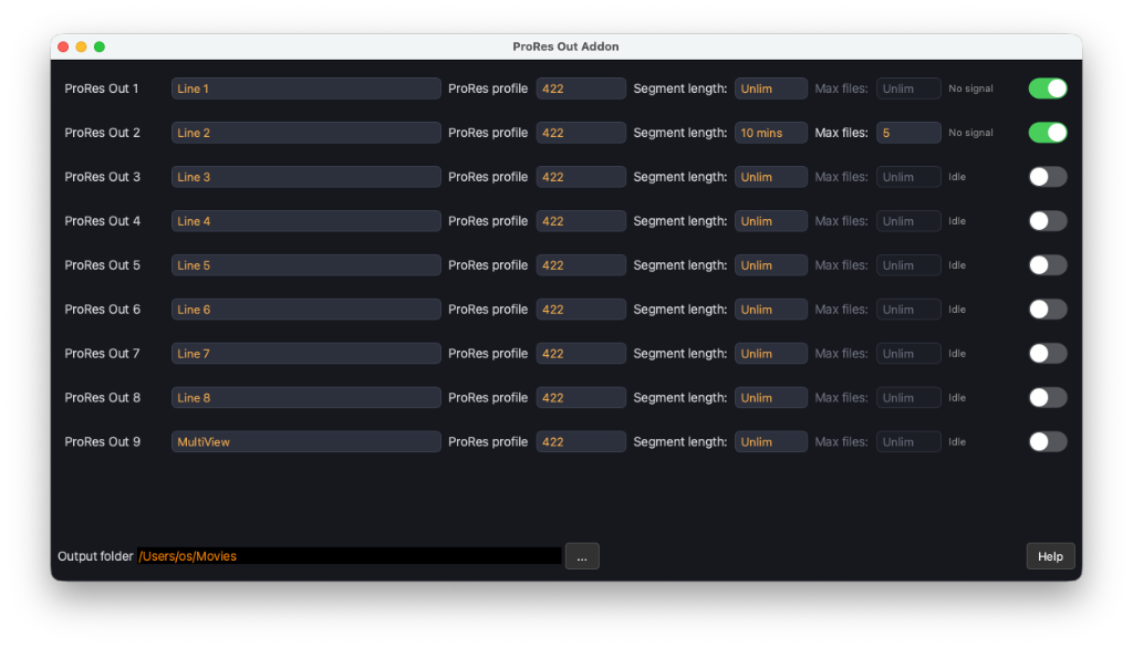 ProRes Out Addon: profile, segment length, max files, MultiView as a source